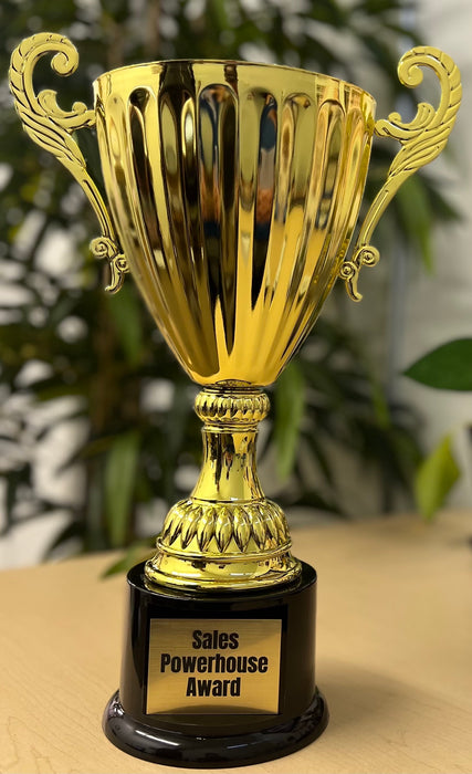 Gold trophy award sits on a corporate desk.