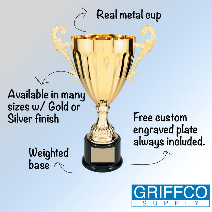 Information on metal cup trophy from Griffco Supply.